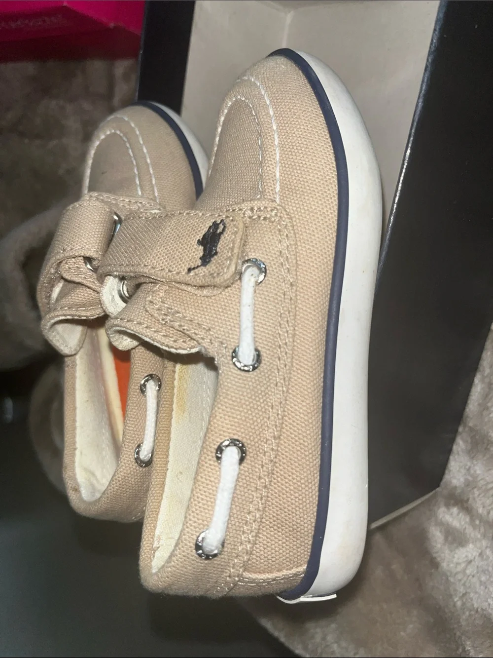 Polo by Ralph Lauren Kids Tan Canvas Moccasins with Orange Insole